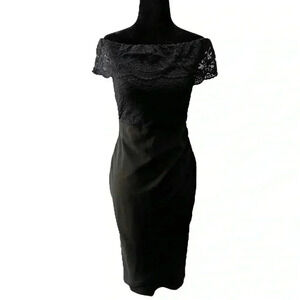 Le Chateau Cocktail Dress Off Shoulder Bardot Lace  Bodice Formal LBD Black XS